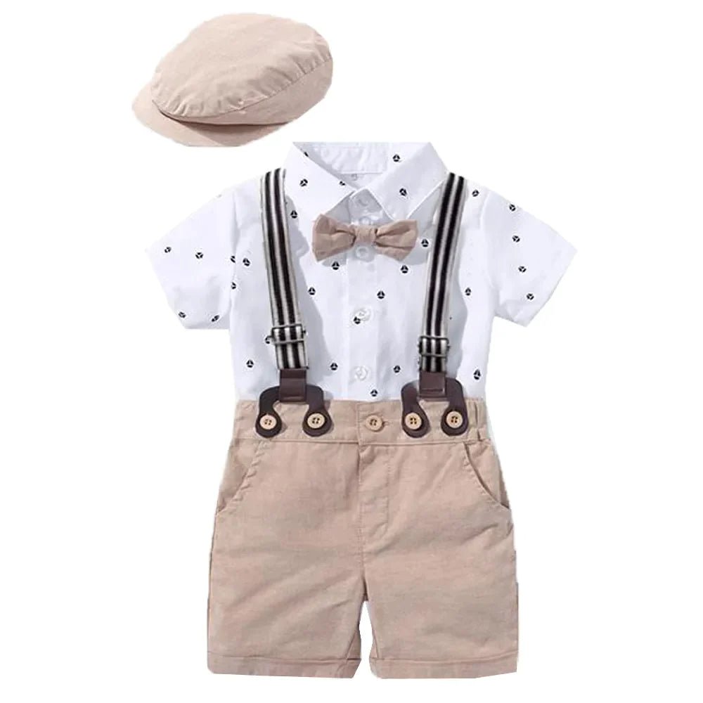 Conjunto Infantil Menino 4 Peças: Shorts + Body + Suspensório + Boina - Mãe Compra De Mãe