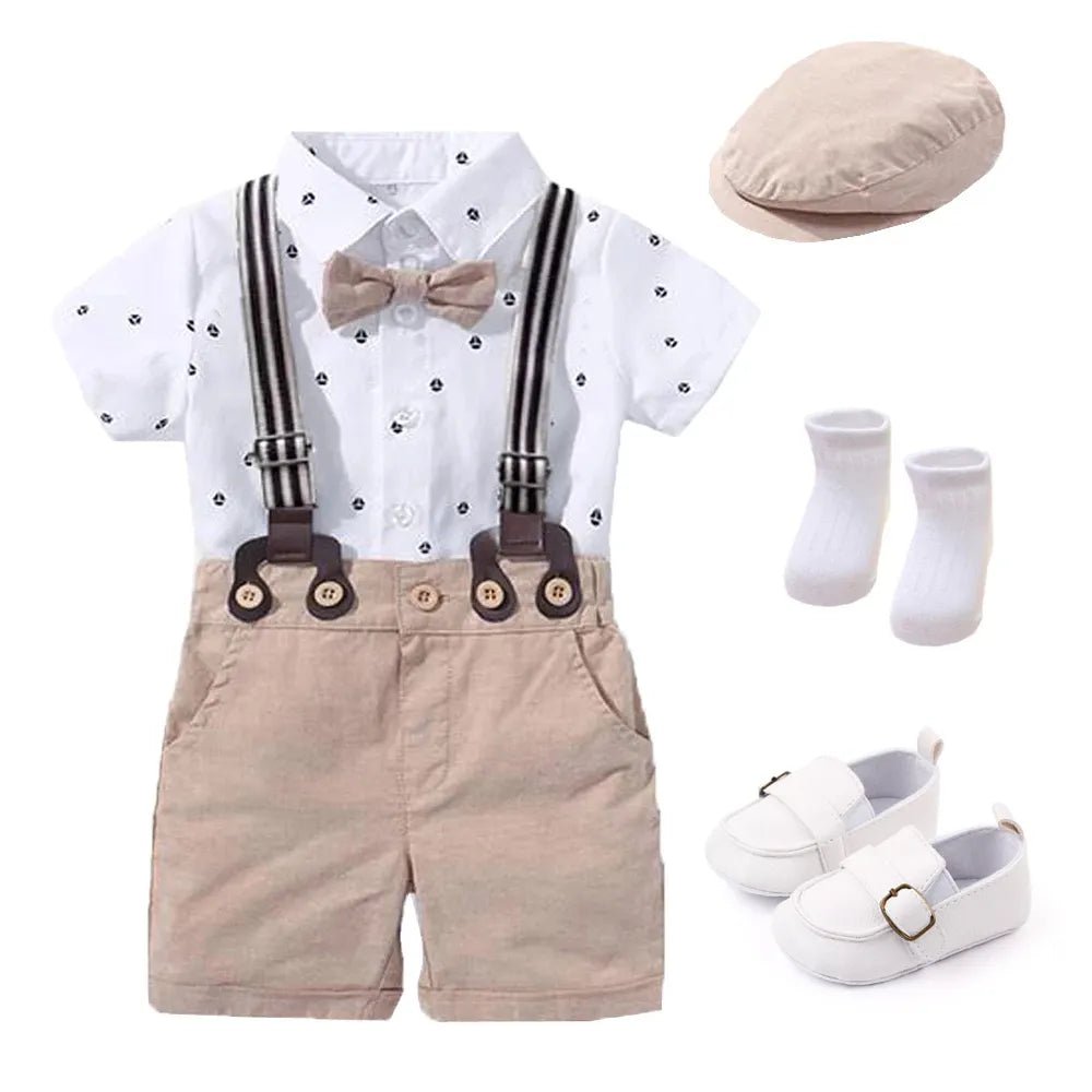 Conjunto Infantil Menino 4 Peças: Shorts + Body + Suspensório + Boina - Mãe Compra De Mãe