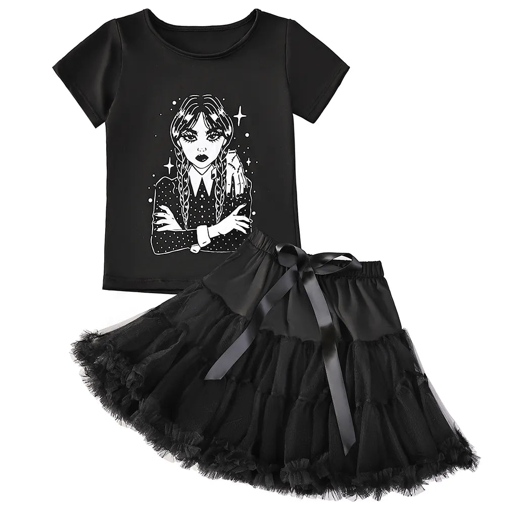 Fantasia Wandinha Addams 2 Peças: Saia e Camiseta - Mãe Compra De Mãe