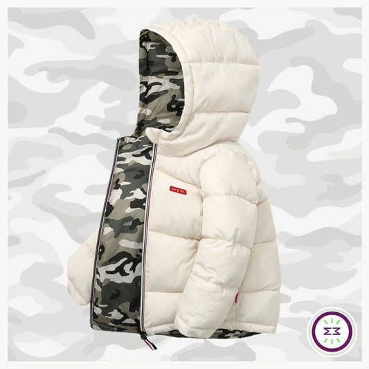 Jaqueta Puffer Infantil Dupla Face | Cor + Camuflada | Tam 18m - 10 anos - Mãe Compra De Mãe