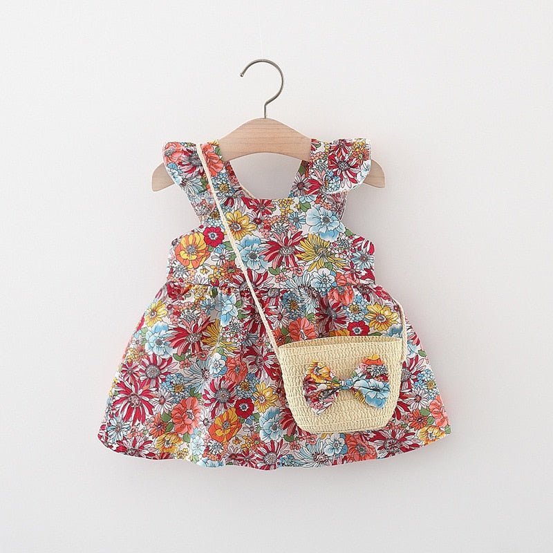 #Look Bebê 2Pcs | Vestido Floral + Bolsa | Tam: 9M - 3 anos - Mãe Compra De Mãe