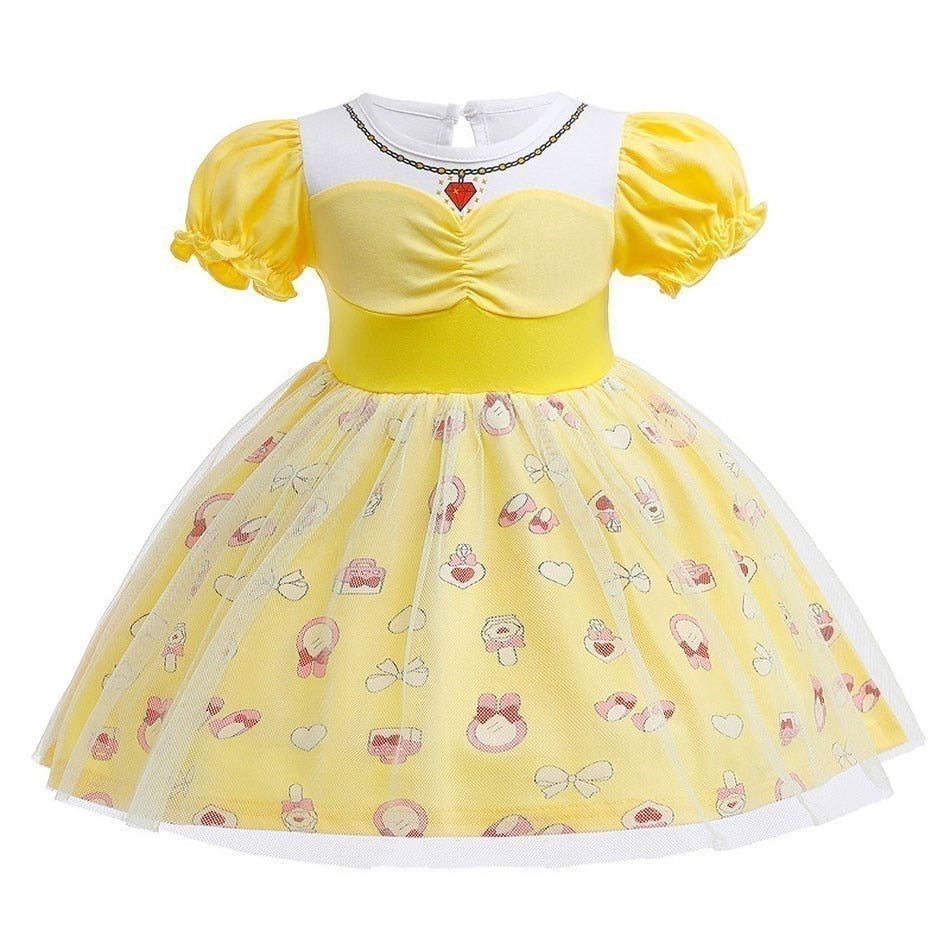 Vestido Fantasia Princesas Rapunzel, Bela, Elza, Branca de Neve e Mais! - Mãe Compra De Mãe