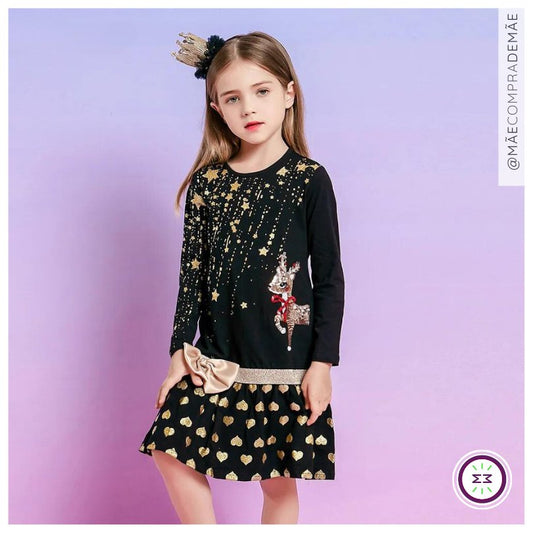 Vestido Infantil de Festa Preto e Dourado Tam: 2-12 anos - Mãe Compra De Mãe